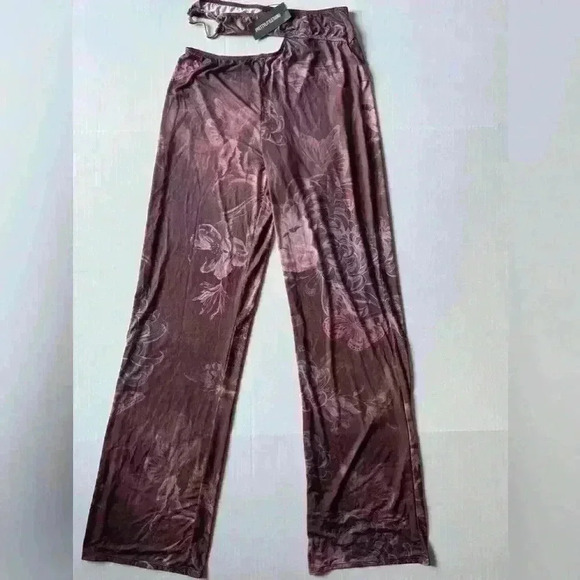 PrettyLittleThings Women’s Floral Slinky Cut‎ Out Wide Leg Pants Size 8 - Picture 2 of 9